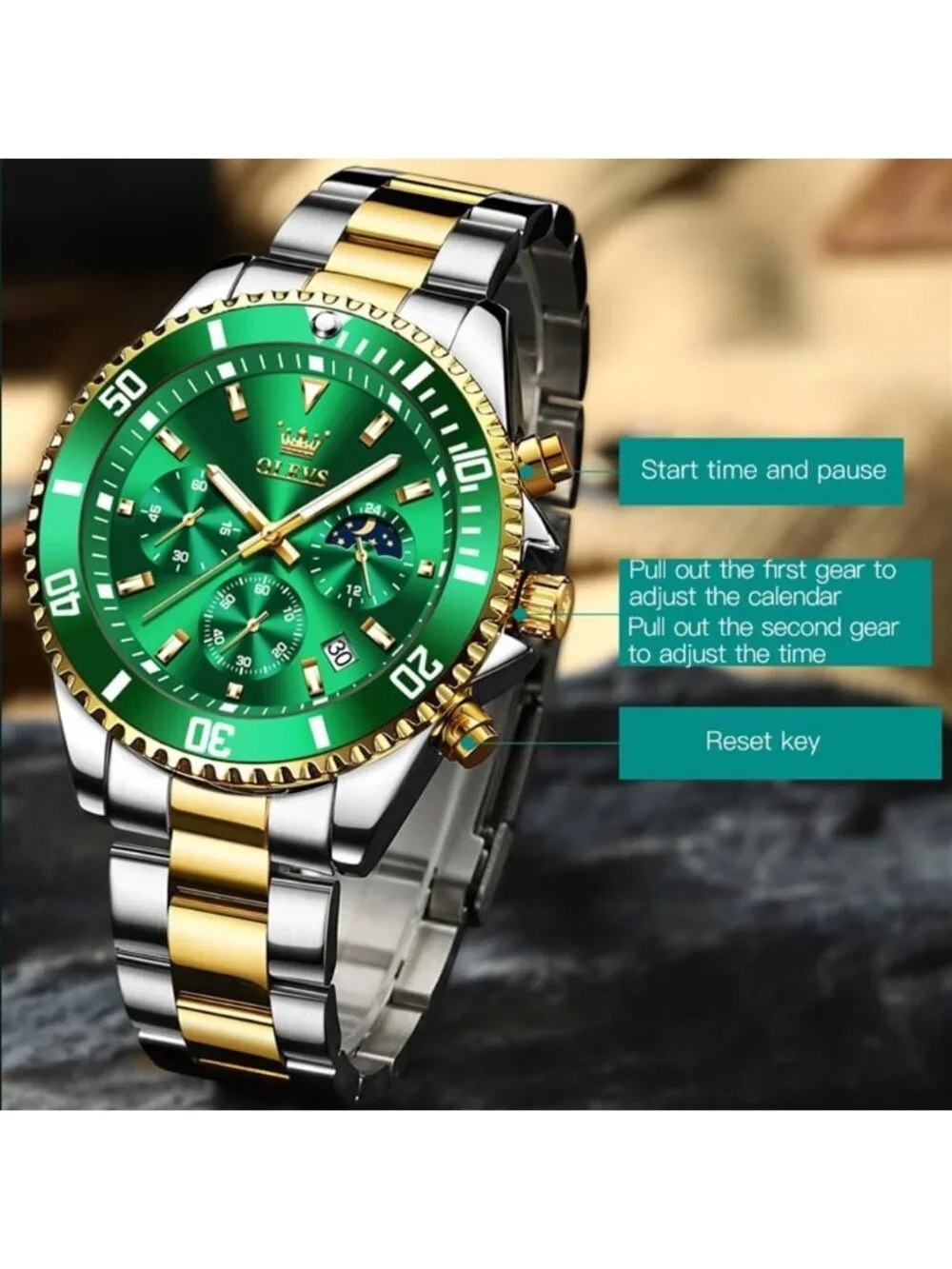 Men's Green Premium Silver and Gold Stainless Analog Rotatable Date Steel Watch